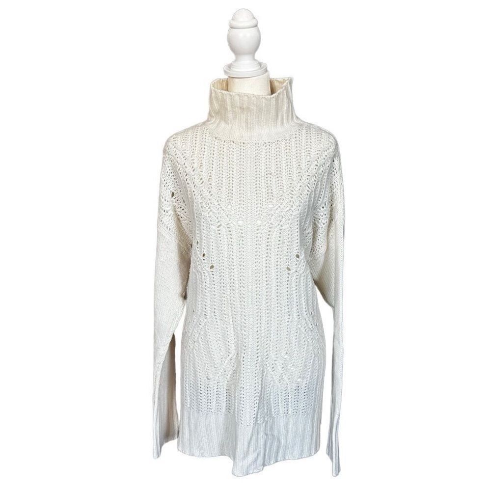 BCBGMaxAzria Gardenia Cream Sequin Merino Wool Mock Neck Tunic Sweater Sz Small